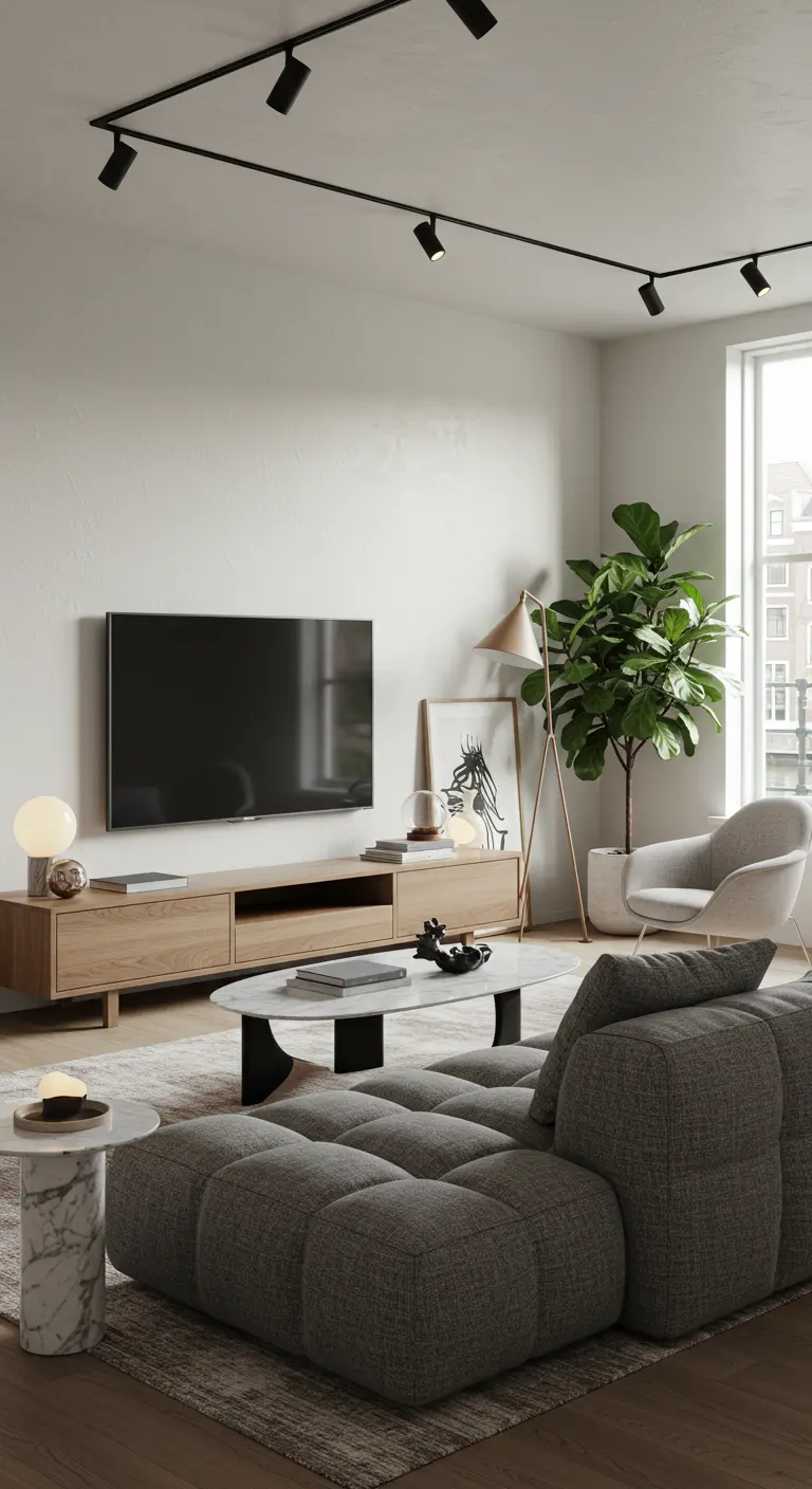 Moderne TV-hoek met licht houten meubel, grijze bank en spotverlichting.
