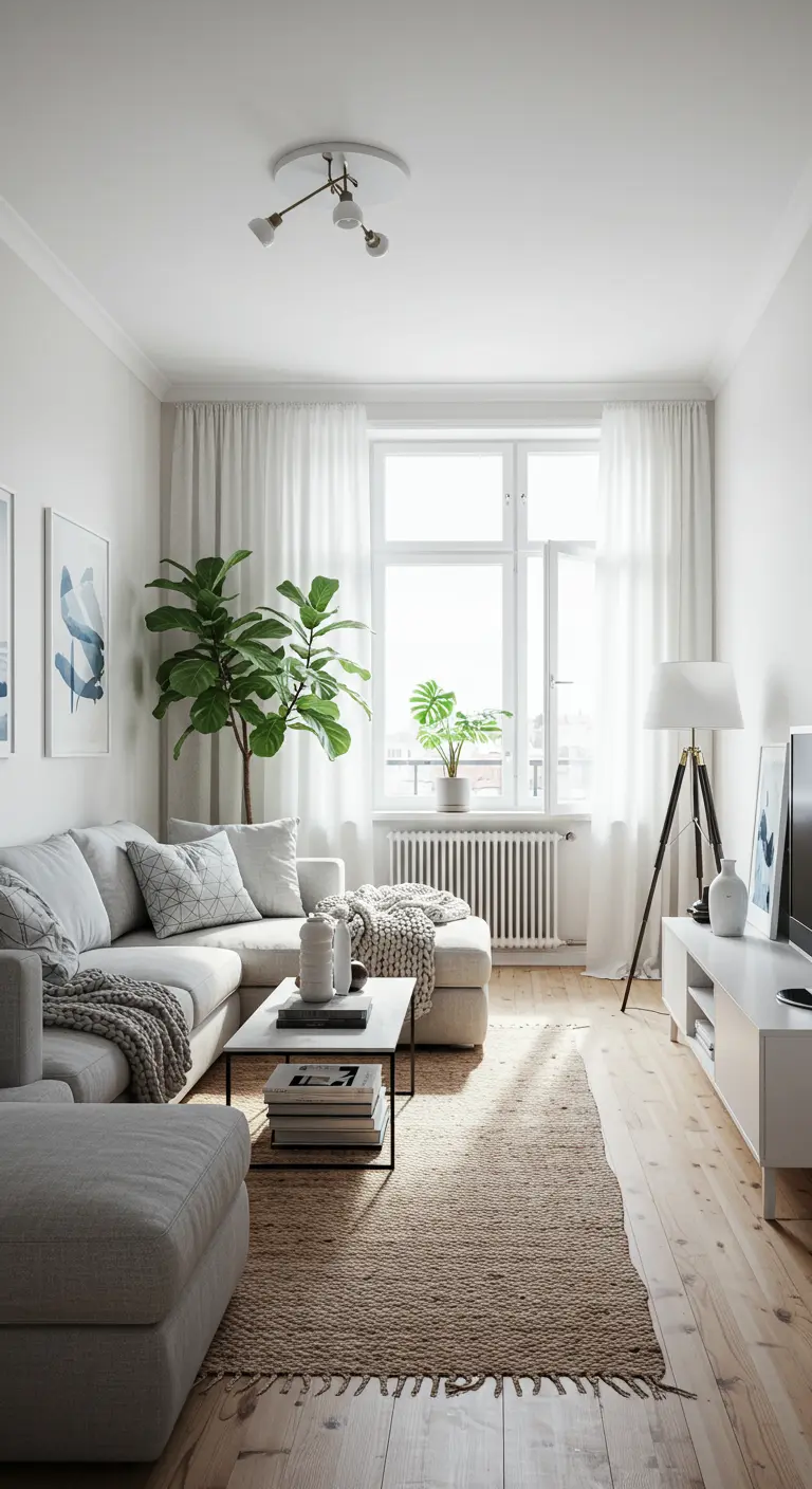 Lichte woonkamer met hoekbank, grote plant, houten vloer en lichte gordijnen.