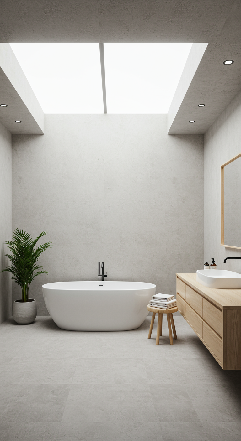 Minimalistische badkamer met vrijstaand bad, houten meubel, plant en dakraam.