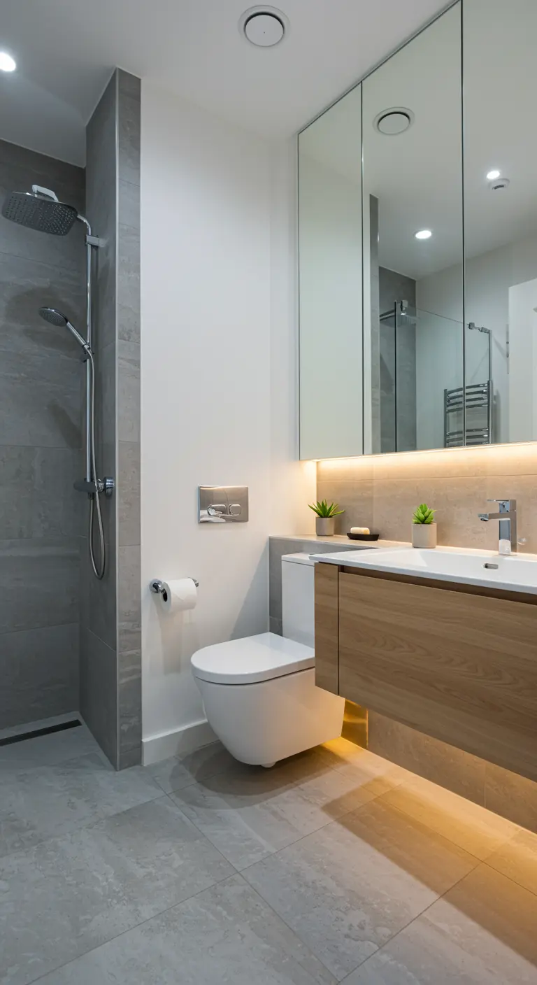 Badkamer met brede spiegelkast en sfeervolle LED-verlichting eronder.
