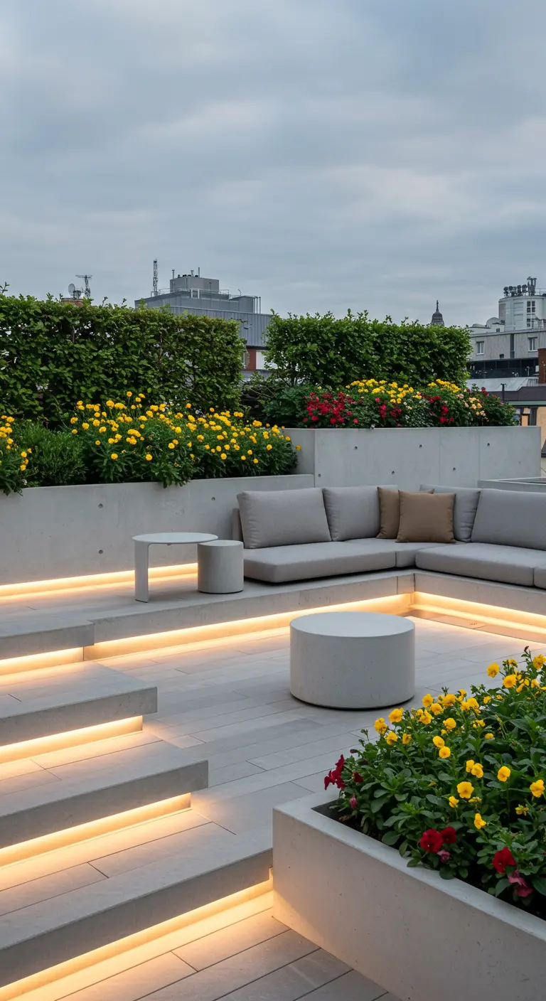 Moderne tuin met gelaagde betonnen zitelementen en plantenbakken, verlicht met LED-strips.
