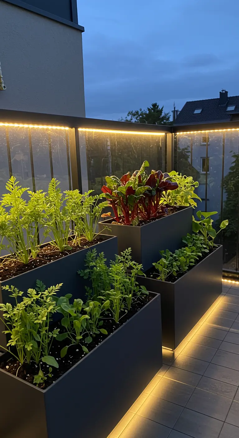 Moderne gelaagde plantenbakken met groenten, sfeervol verlicht met LED-strips op een balkon.