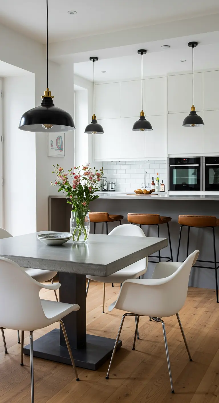 Moderne keuken-eetkamer met hanglampen, spots en barverlichting