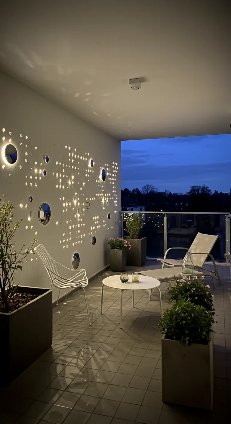 Witte balkonmuur met een patroon van kleine spiegels en lichtjes.