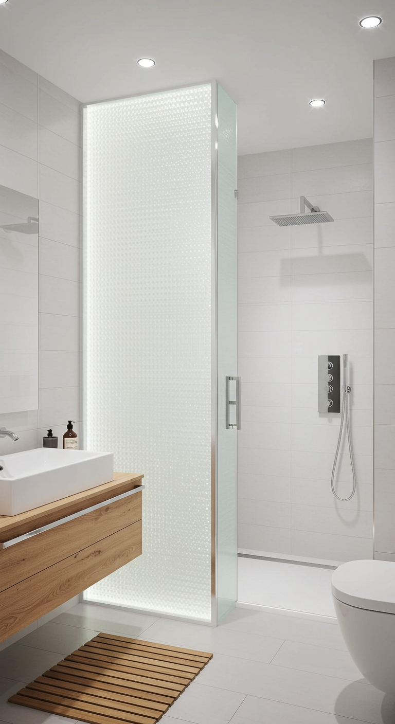Moderne badkamer met een verlichte reliëfglaswand als doucheafscheiding naast een houten wastafelmeubel.
