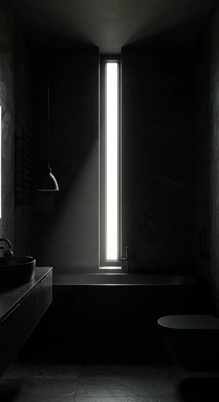 Donkere badkamer met een lang, smal verticaal raam dat licht op het bad werpt.