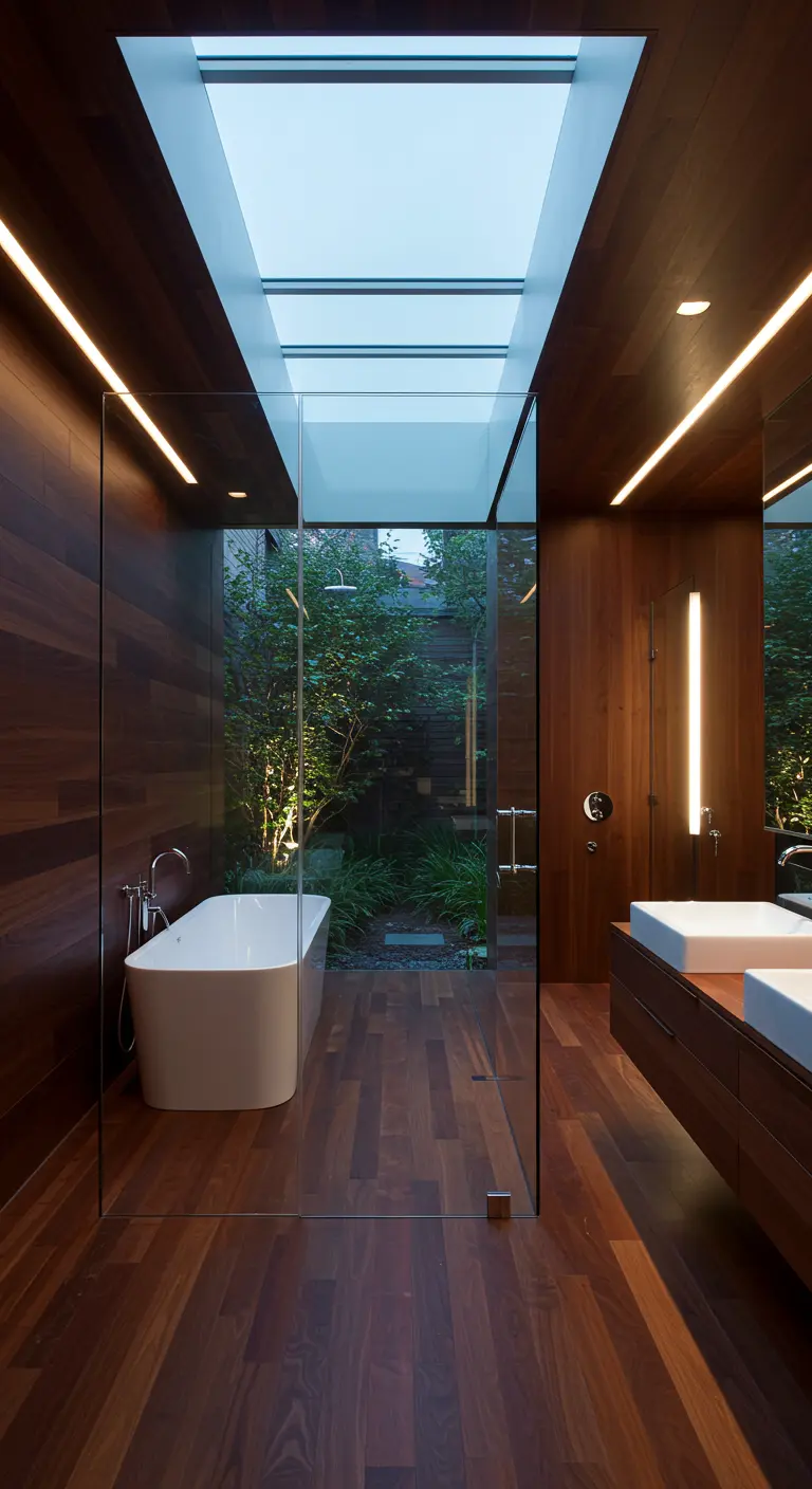 Moderne badkamer met donker houten wanden, glazen wand naar binnentuin en lichtstraat.
