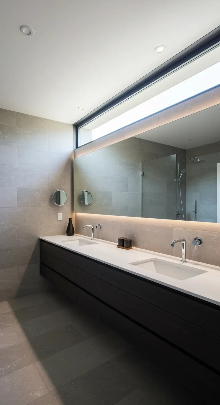 Moderne badkamer met een lang, horizontaal raam hoog boven de dubbele wastafel.