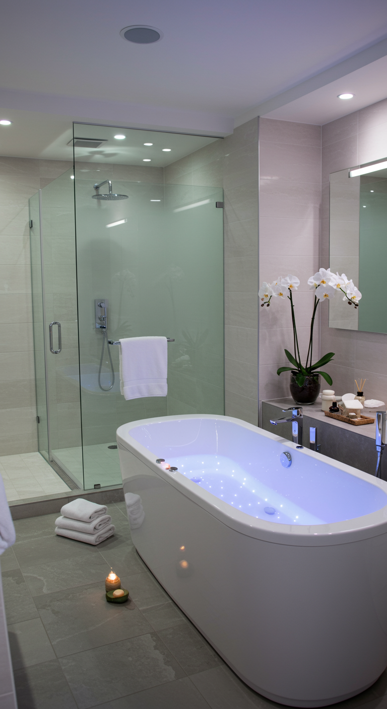 Modern wit bad met ingebouwde blauwe LED-verlichting, orchideeën en kaarsen.