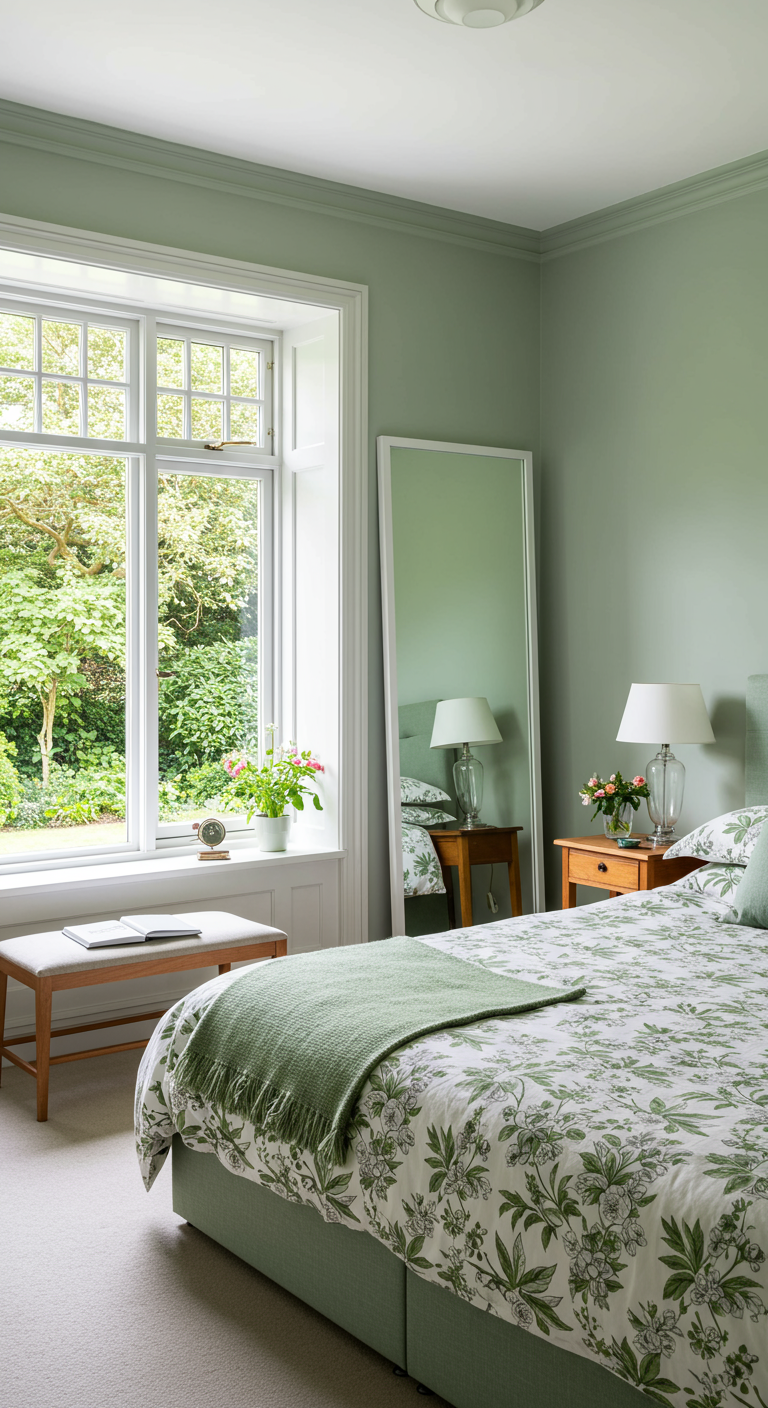Hoge passpiegel naast een groot raam in een lichte, saliegroene slaapkamer.