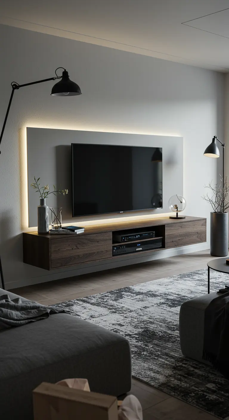 Modern zwevend TV-meubel met houtlook, indirecte LED-verlichting en een grote flatscreen TV.