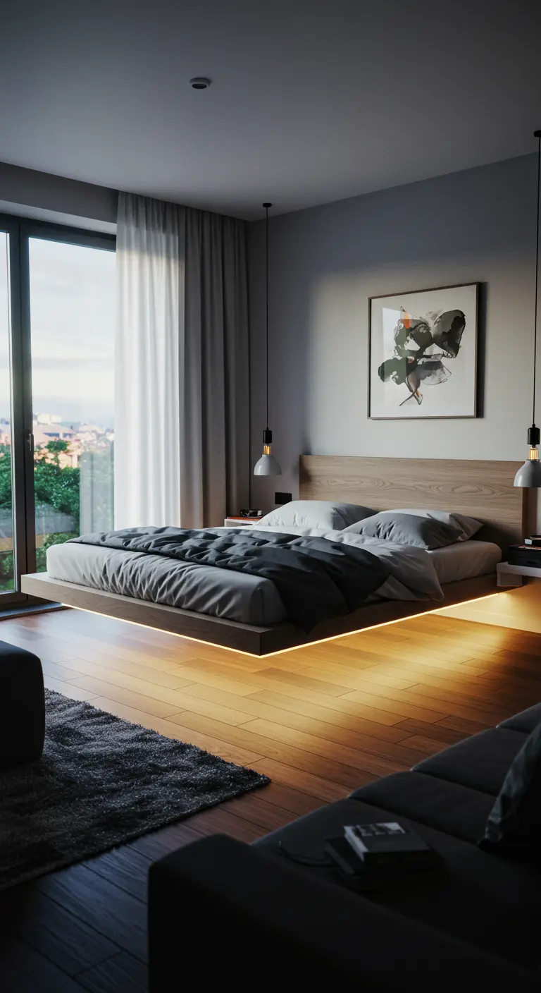 Zwevend houten bedframe met warme LED-verlichting eronder voor een zwevend effect.