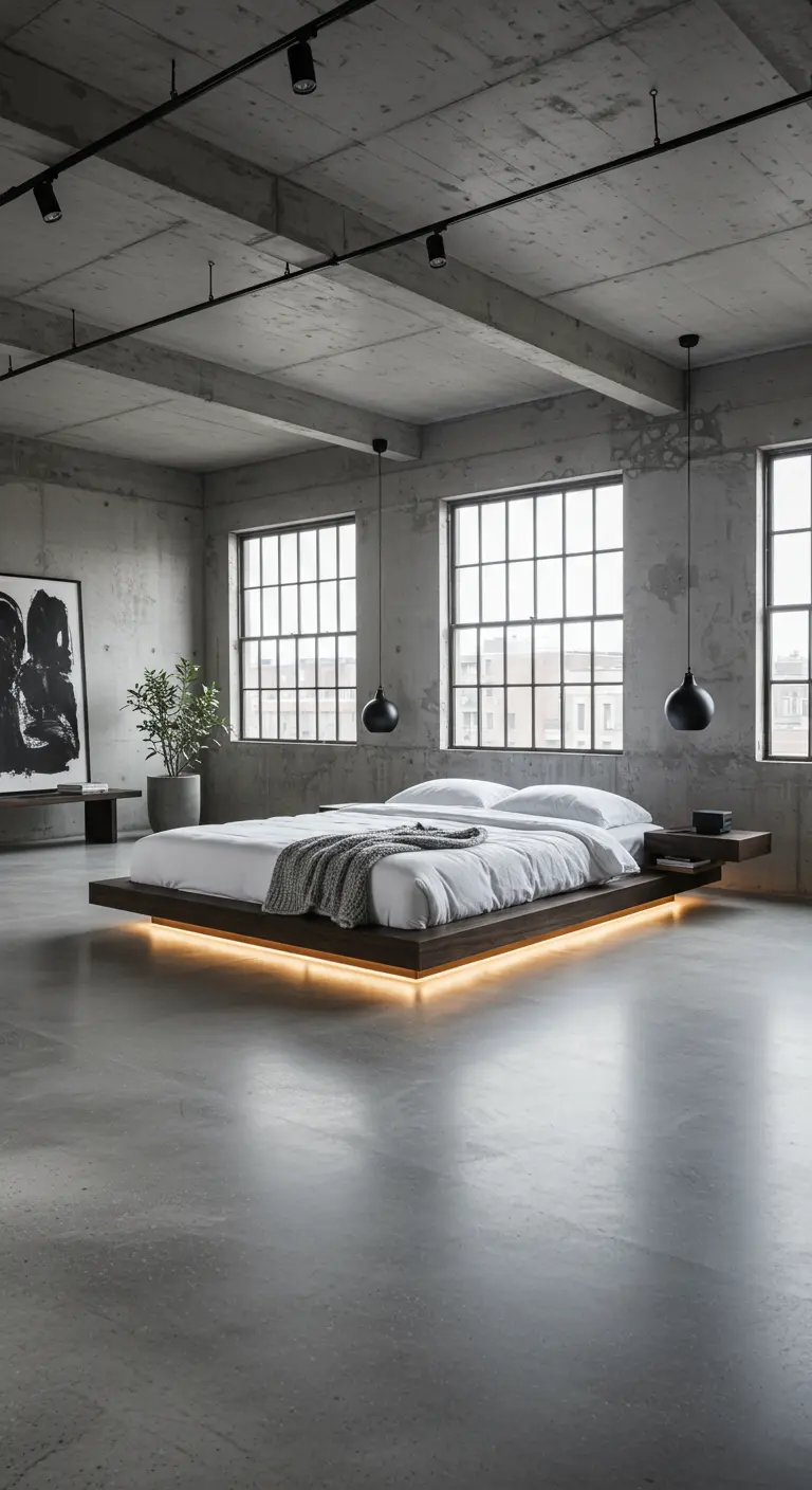 Zwevend bed met LED-verlichting in industriële slaapkamer met betonnen muren en grote ramen.