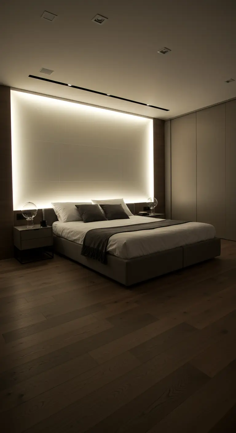 Moderne slaapkamer met een grote, zacht verlichte wand achter het bed als hoofdverlichting.