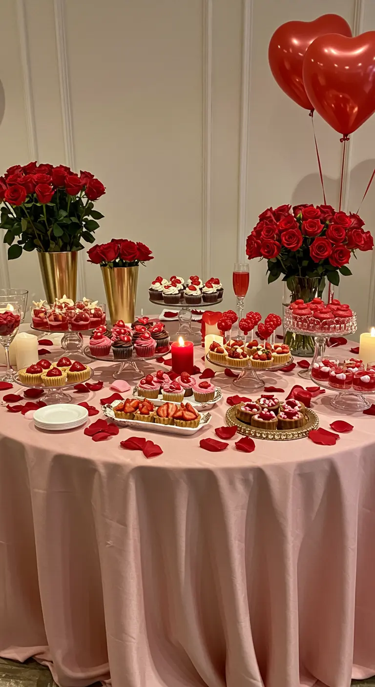 Romantische desserttafel met rode rozen, hartvormige lekkernijen en kaarslicht.