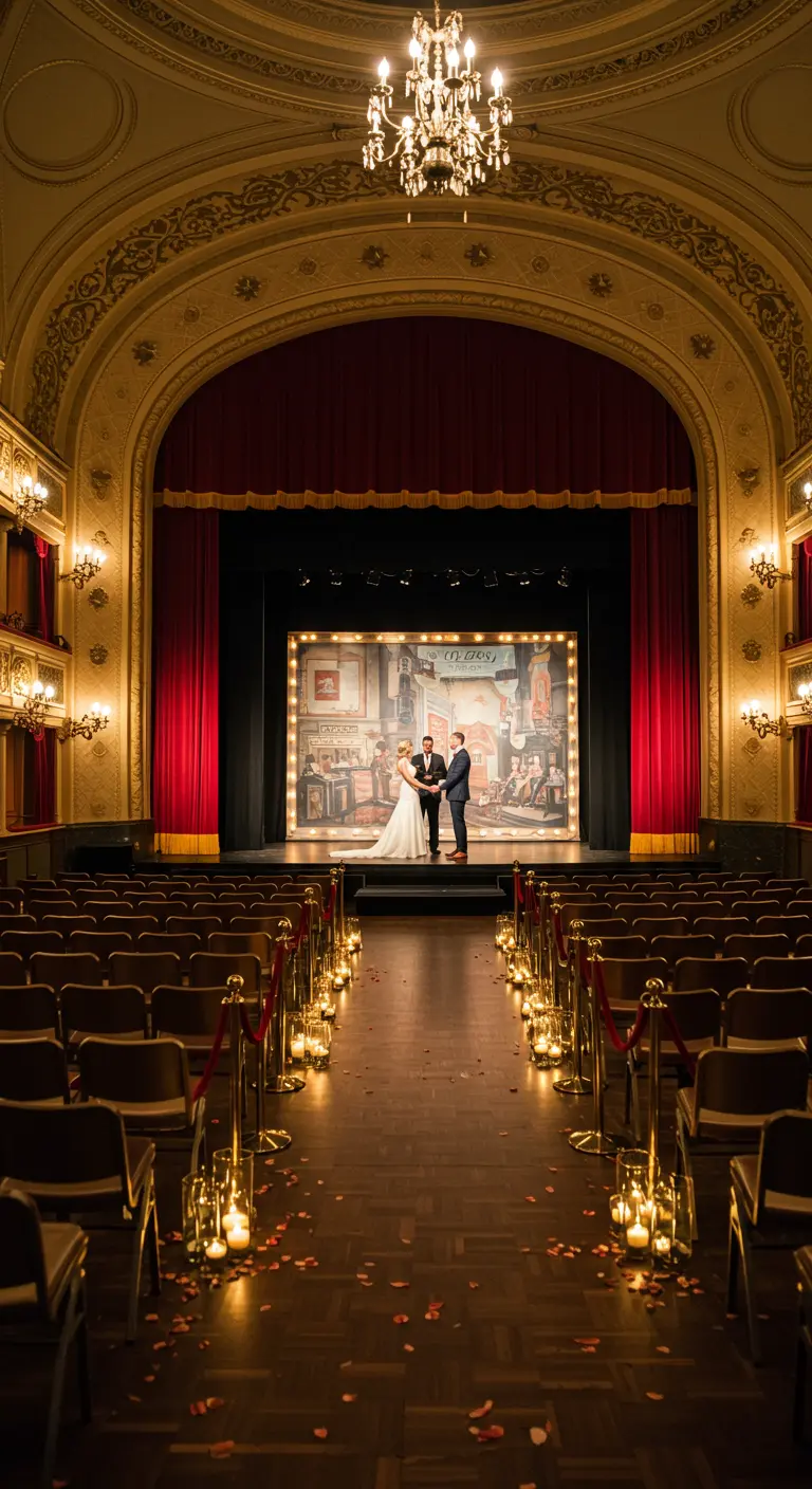 Trouwceremonie in theater op podium met rode gordijnen en kaarsen langs gangpad.