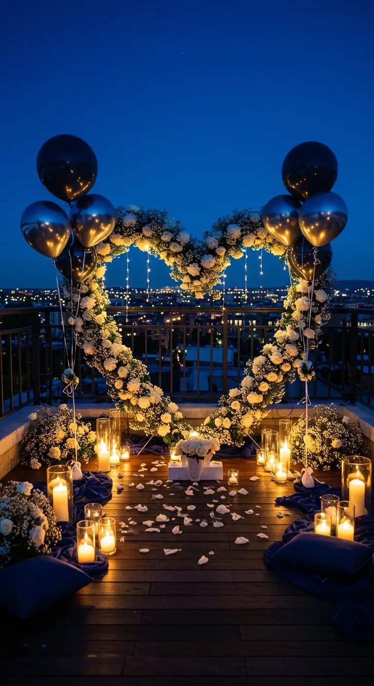 Romantische dakterras setting met bloemenhart, lichtjes, ballonnen en stadszicht.