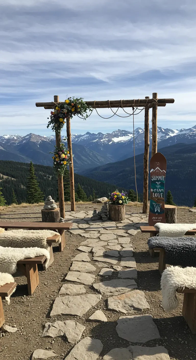 Trouwceremonie op bergtop met houten boog, uitzicht op bergen en snowboard welkomstbord.
