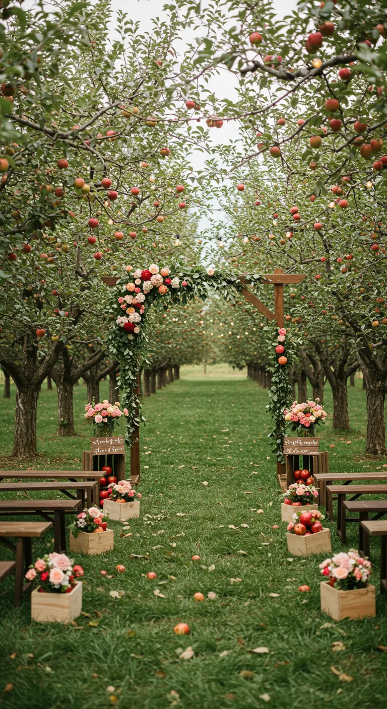 Trouwceremonie in boomgaard met houten boog, fruitkistjes en bloemen.