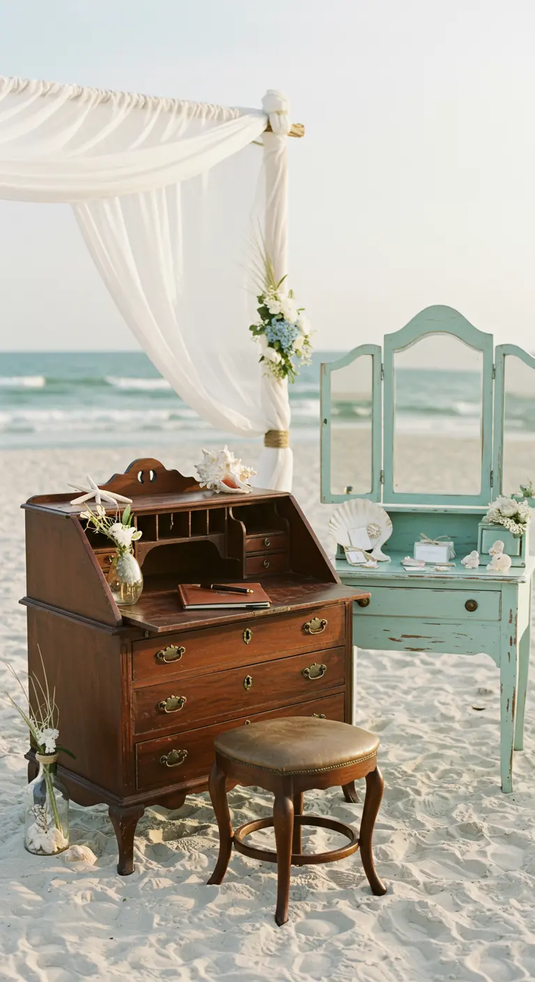 Antiek houten bureau en turquoise kaptafel op het strand als gastenboekstation.