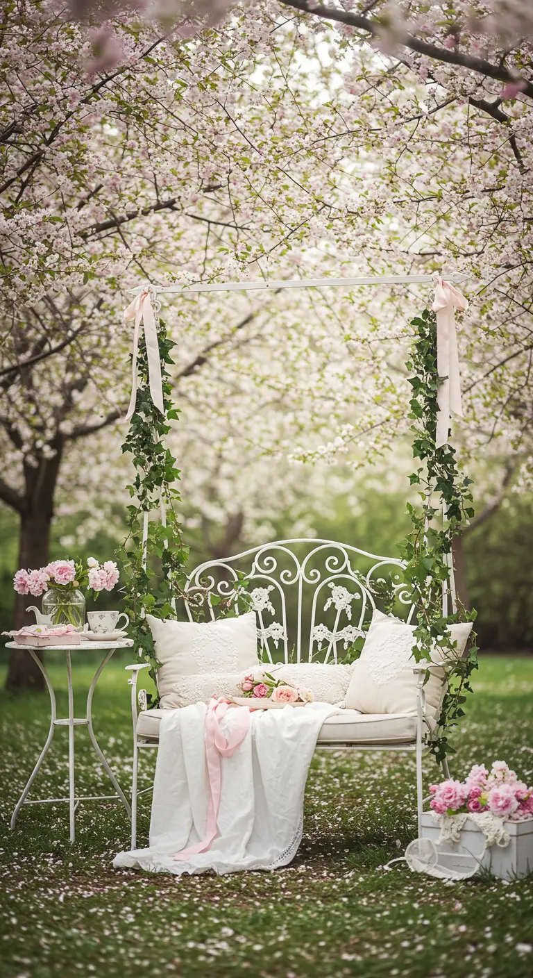 Witte metalen schommelbank onder een bloesemboom, met witte en roze kussens en bloemen.