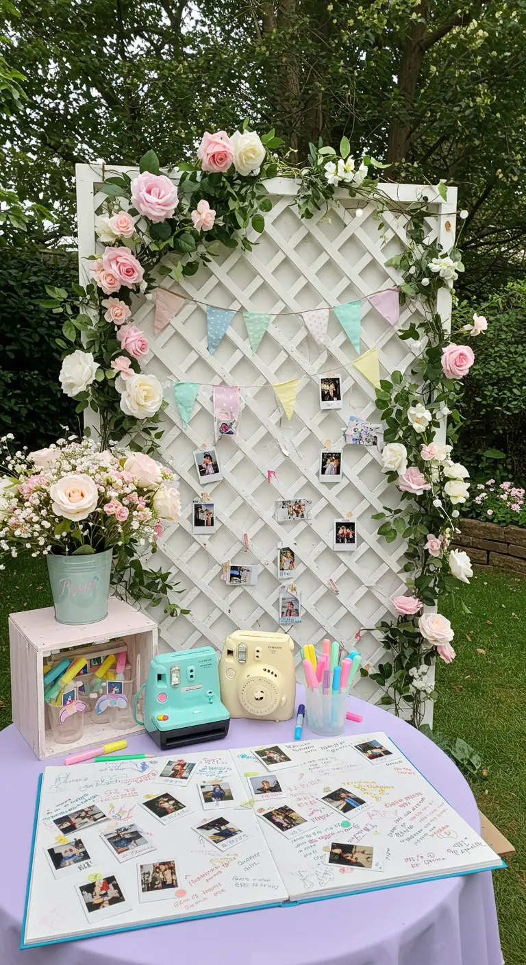 Polaroid gastenboekhoek met wit trellis-scherm, rozen en instant camera's.