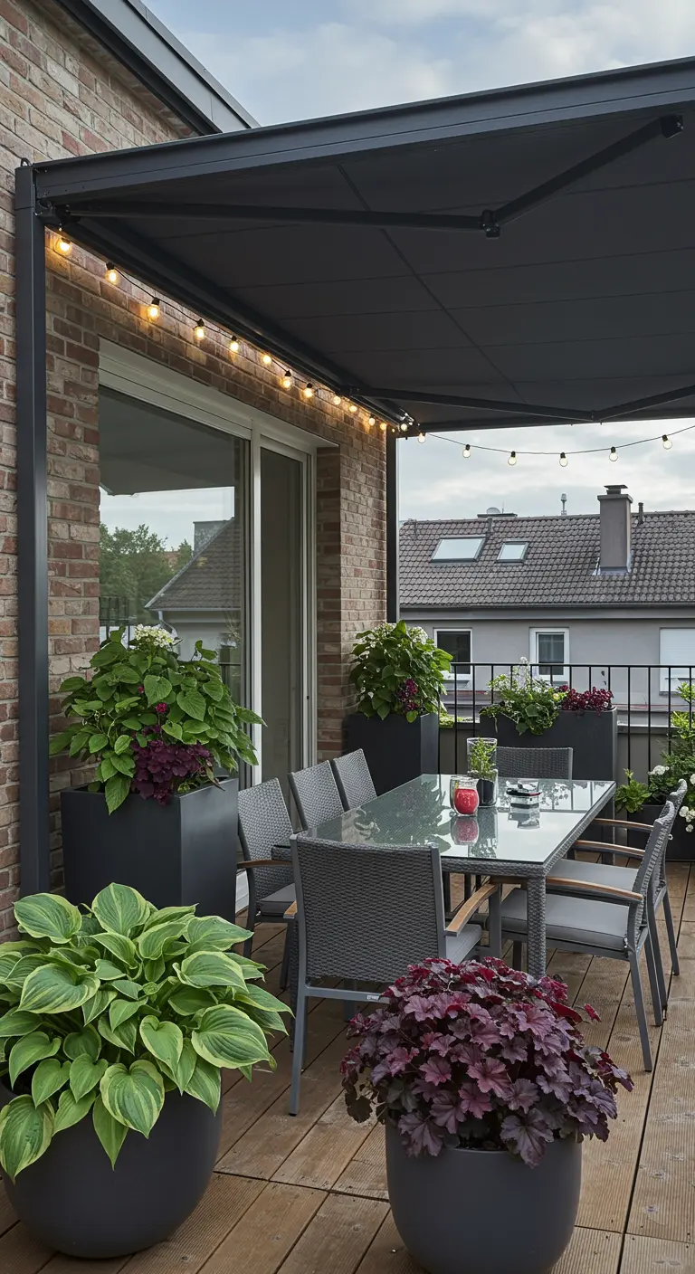 Modern balkon met overkapping, eettafel en grote potten met Hosta's, Heuchera en Lievevrouwebedstro.
