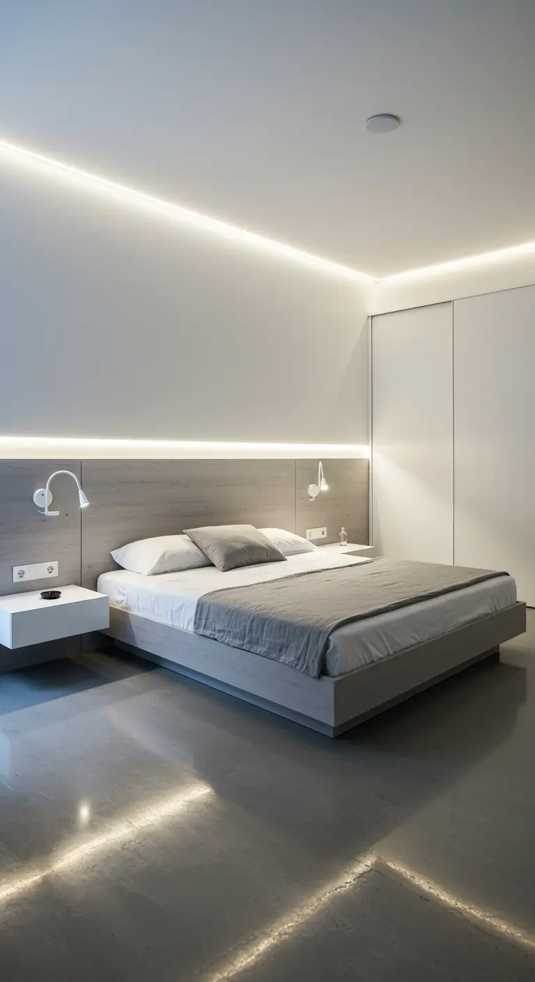 Moderne slaapkamer met indirecte LED-verlichting langs plafond en bed.