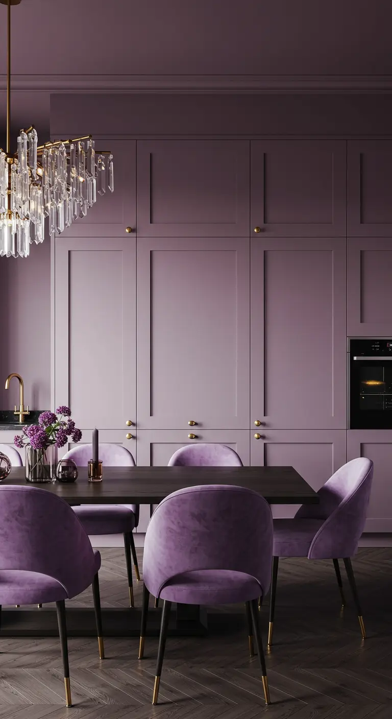 Chique paarse keuken en eethoek met hoge kasten en fluwelen stoelen in dezelfde kleurtint.