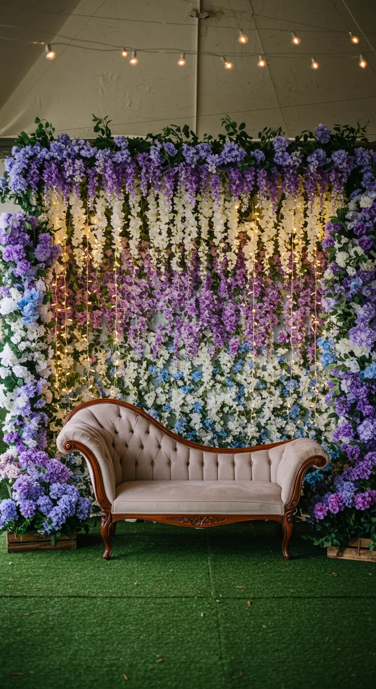 Weelderige bloemenwand in paars- en wittinten met lichtjes en een klassieke sofa ervoor.