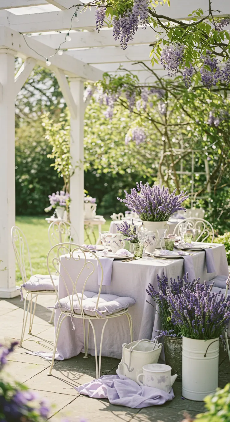Terras met witte smeedijzeren meubels, lila textiel en veel lavendel.