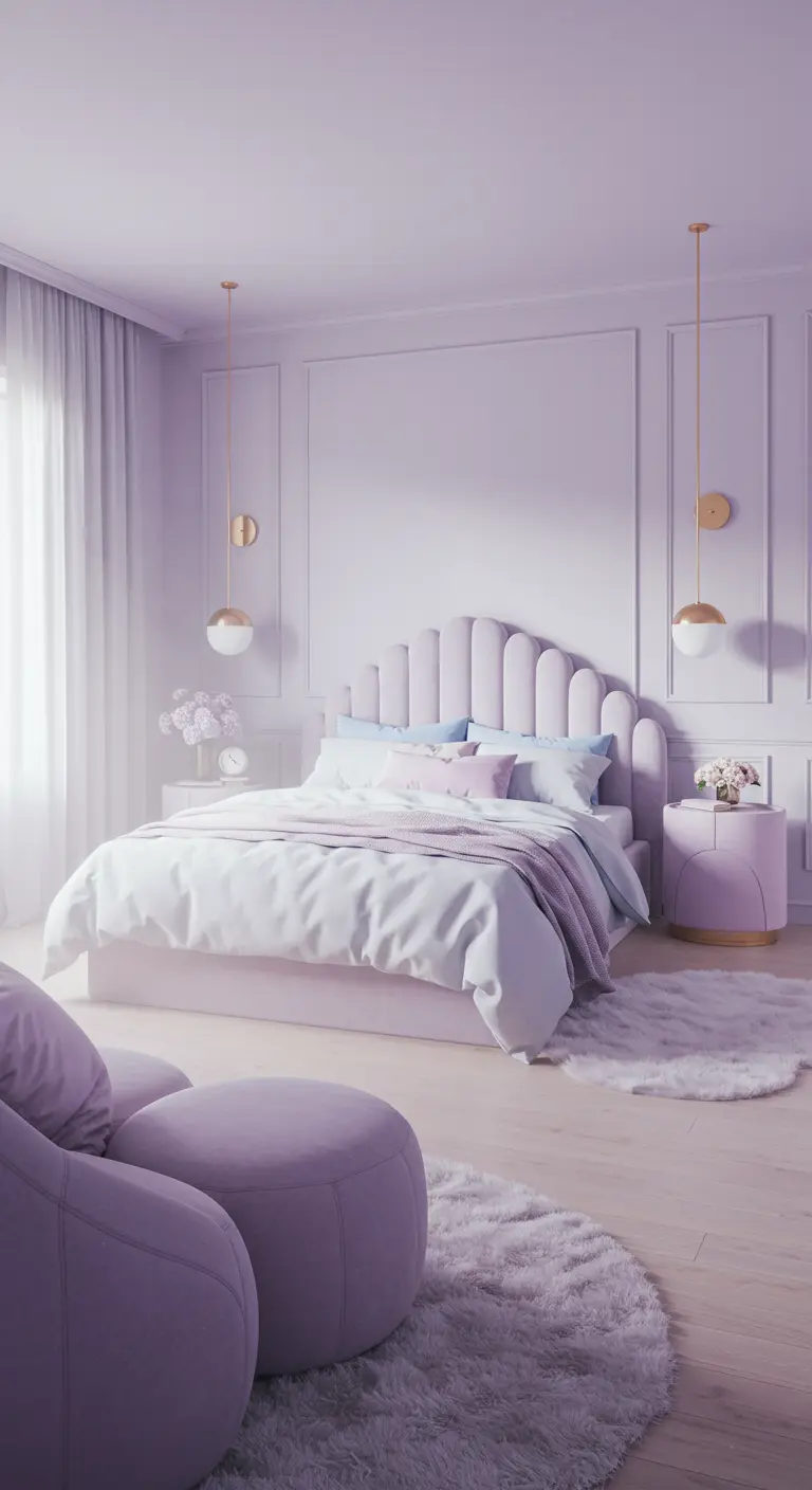 Lila slaapkamer met een geribbeld hoofdbord en zachte, ronde fauteuils.
