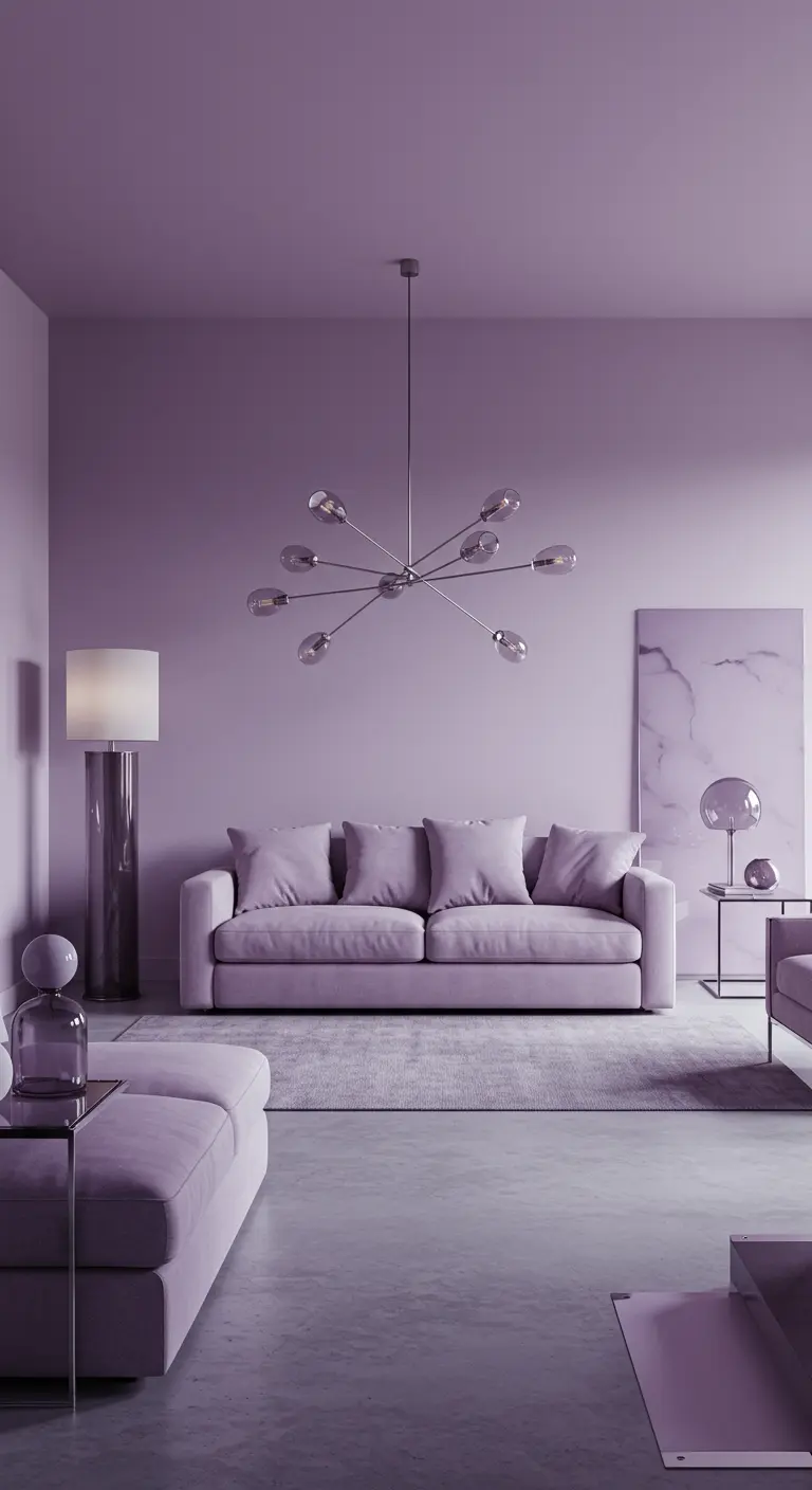 Moderne, minimalistische woonkamer in lila en zachtpaars met betonnen vloer.
