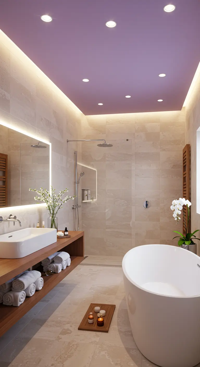 Moderne spa-badkamer met zacht lila plafond en indirecte verlichting.