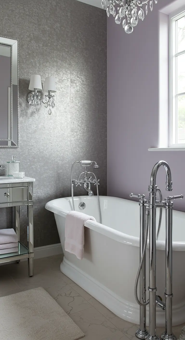 Elegante badkamer met lila muren, zilveren accentwand, wit bad en kristallen kroonluchter.