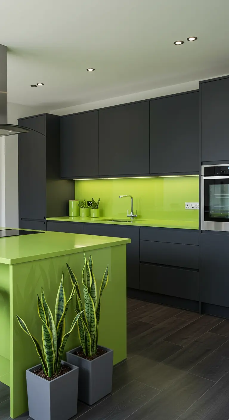 Moderne keuken met donkergrijze kasten en een fel limegroen eiland en achterwand.