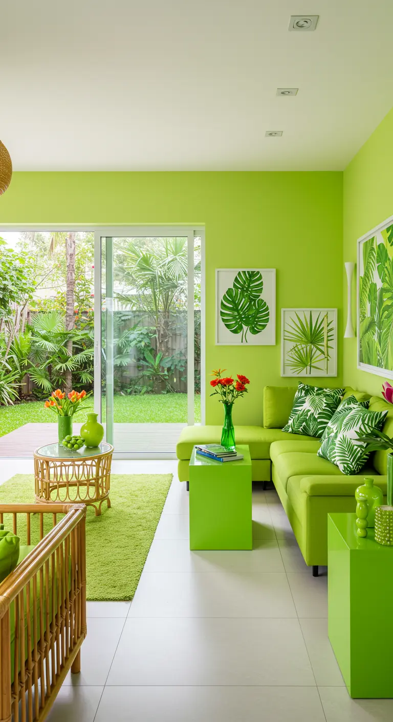Tropische woonkamer in limegroen en grasgroen met witte vloer en botanische prints.
