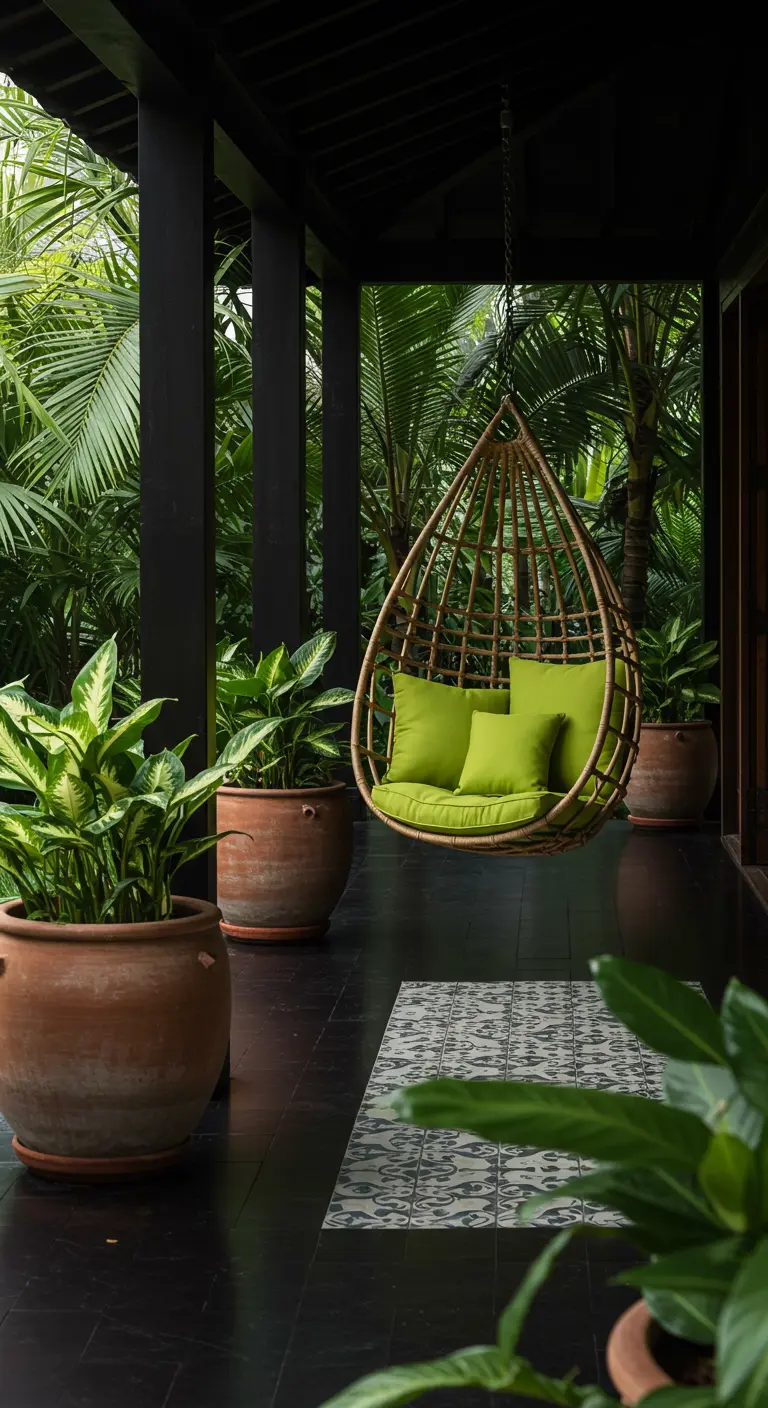 Rotan hangstoel met limegroene kussens op een donkere veranda met veel tropische planten.