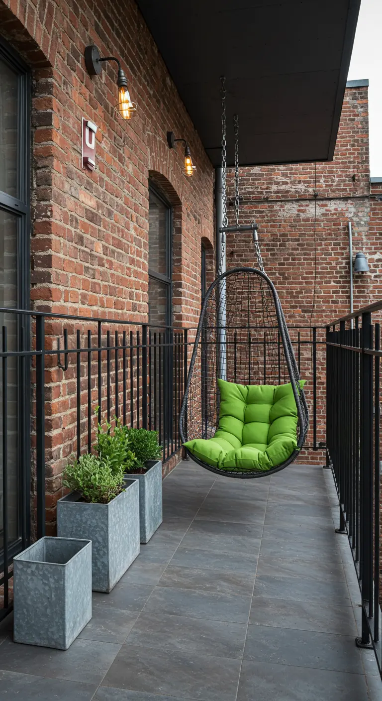 Zwarte metalen hangstoel met limegroen kussen tegen een bakstenen muur op een industrieel balkon.