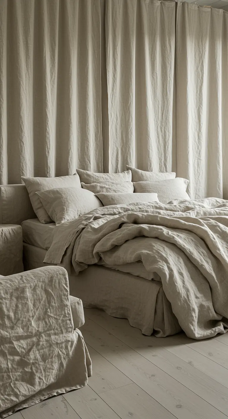 Slaapkamer met overvloed aan beige linnen textiel en kamerhoge gordijnen.