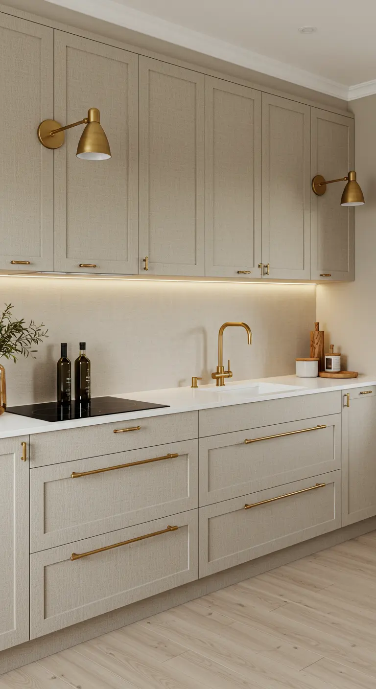 Keuken met linnenlook kasten, lange messing handgrepen, messing kraan en wandlampjes.