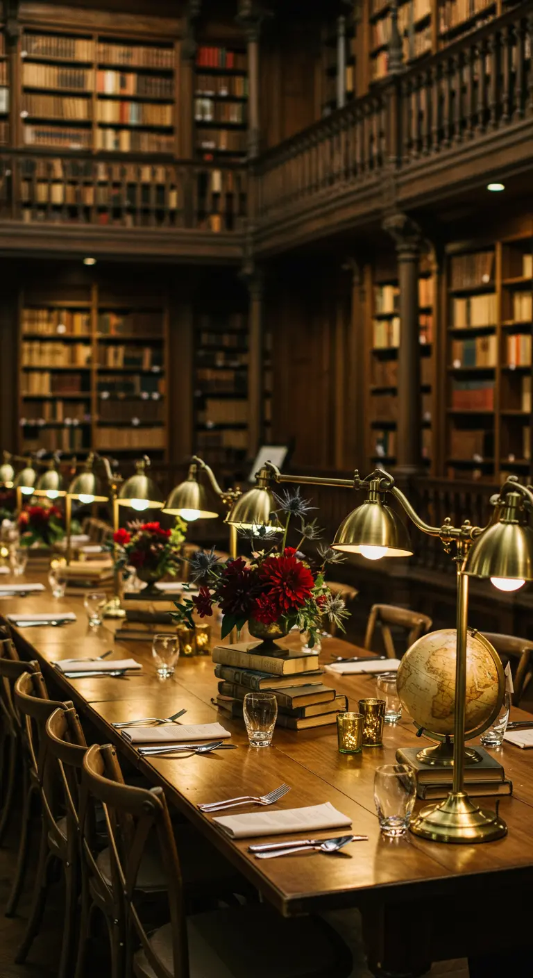 Diner in bibliotheek met lange houten tafel, boeken, lampen en bloemdecoraties.