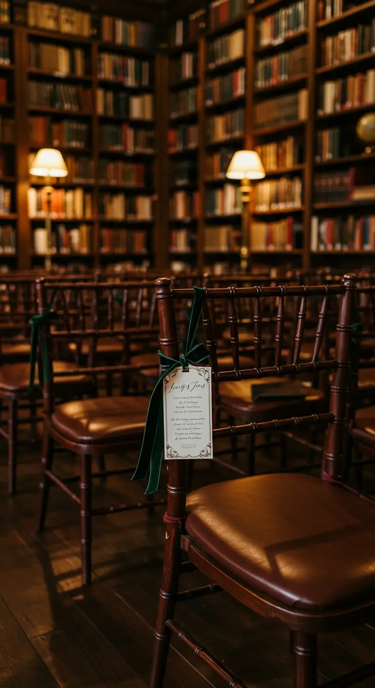 Donkerhouten stoel in bibliotheek met groen fluwelen lint en een programmakaartje eraan.