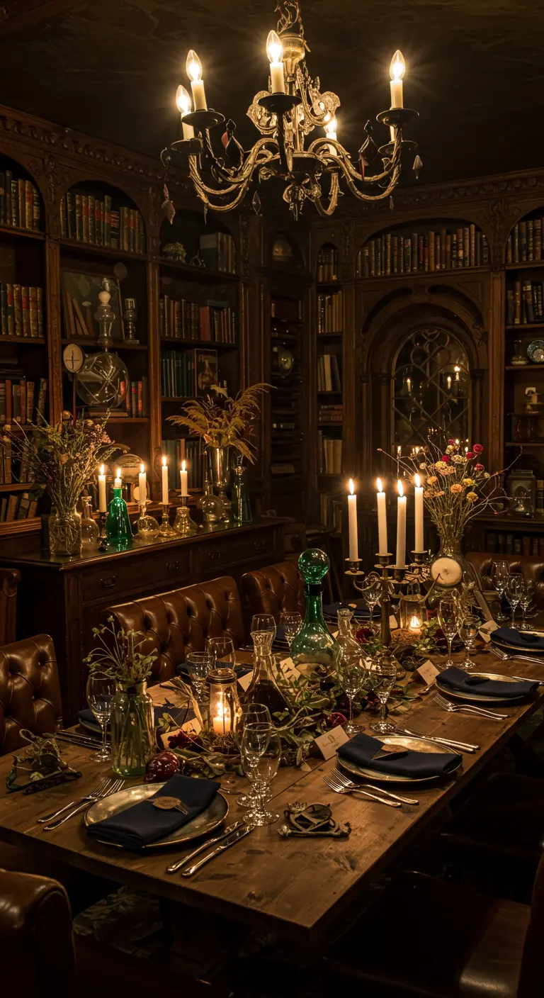 Donkere, sfeervolle eetkamer met boekenkasten, veel kaarslicht en een kroonluchter.