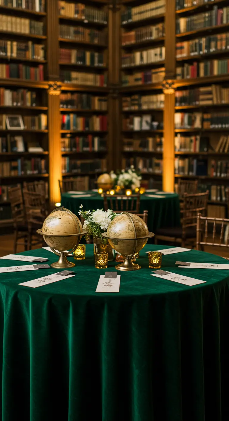 Bibliotheek bruiloft met groene fluwelen tafels, globes en kaarsen.