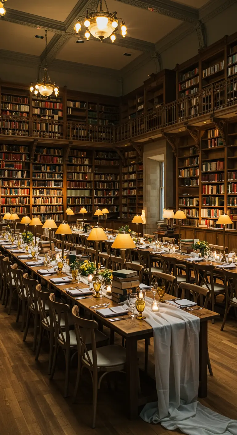 Lange tafels in bibliotheek met tafellampen en amberkleurig glaswerk.