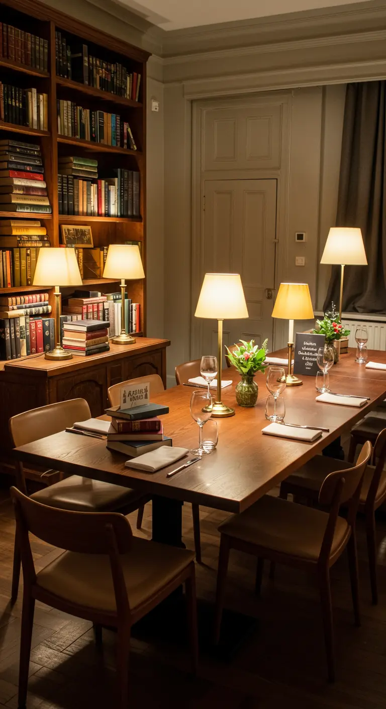 Eettafel in bibliotheeksfeer met boeken en schemerlampen als tafeldecoratie.