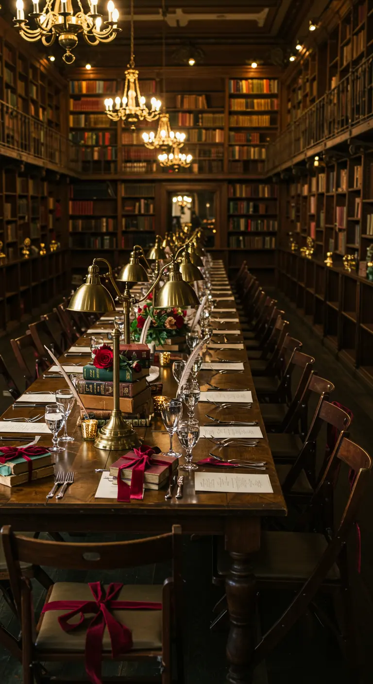 Lange tafel in bibliotheek met boeken als decoratie, messing lampen en rode accenten.