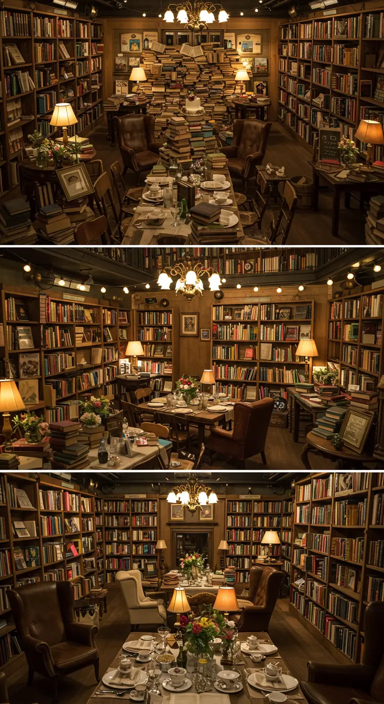 Bruiloft in een bibliotheek met tafels tussen boekenkasten, lampen en bloemen.