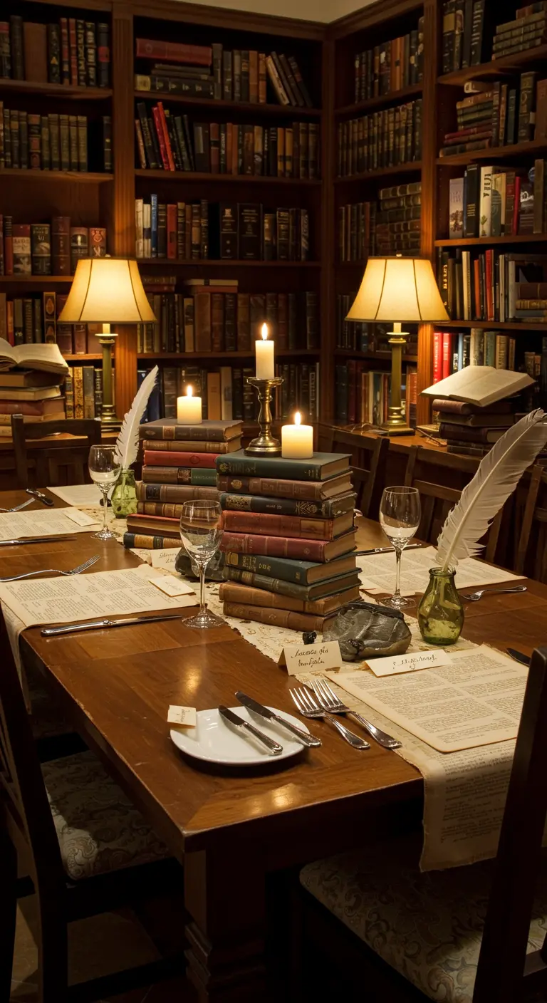 Eettafel in bibliotheeksetting, gedecoreerd met stapels boeken, veren en oude documenten.
